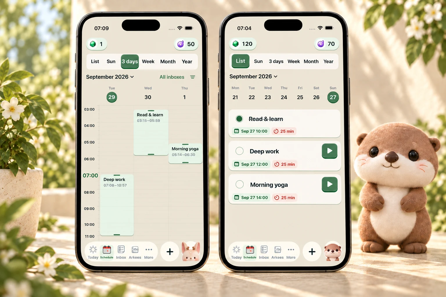 Arkeego three-day timeline with Deep work, Read and learn, and Morning yoga beside the task list