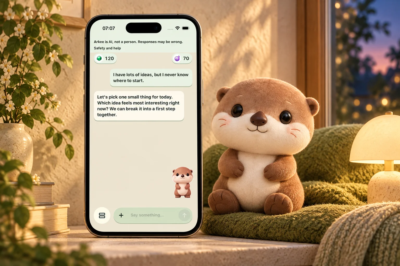 Arkeego AI conversation on an iPhone beside an otter in a cozy evening scene