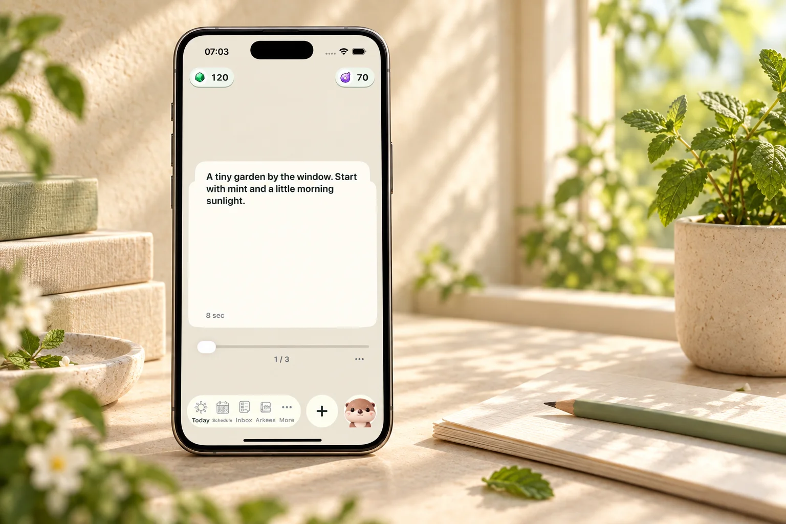 Arkeego idea cards on an iPhone at a sunlit desk with a mint plant