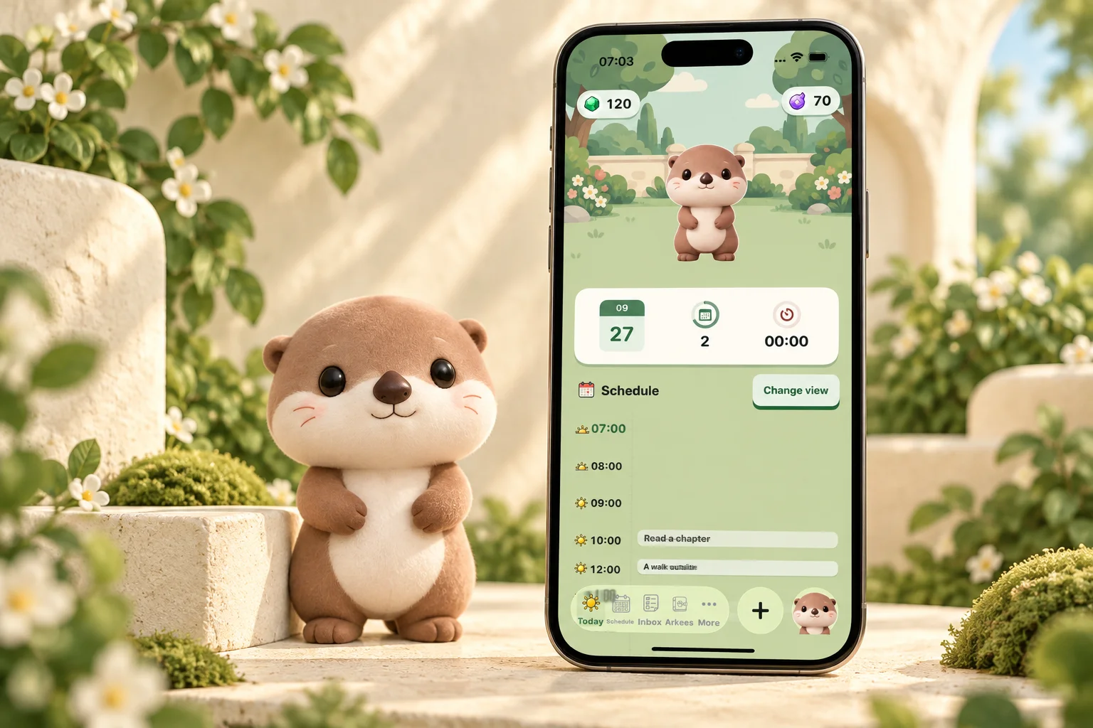 Arkeego Today screen on an iPhone beside an otter in a sunlit garden